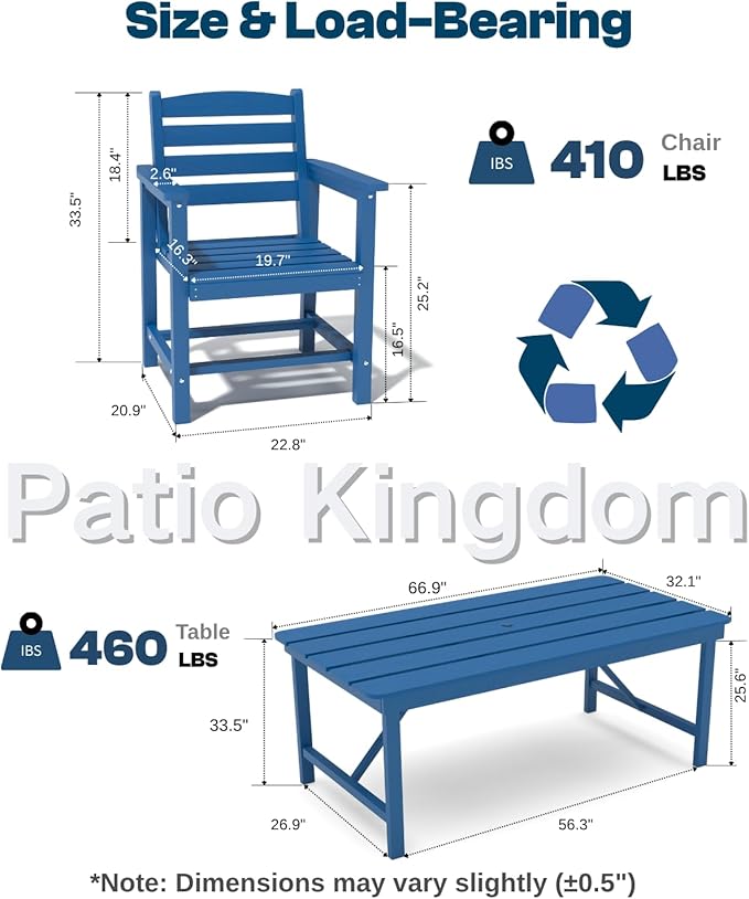 7-Piece Navy Blue HDPE Patio Table and Chairs Set, Weather Resistant Outdoor HDPE Dining Table Sets with Umbrella Hole for Lawn, Garden, Deck, Poolside, Balcony