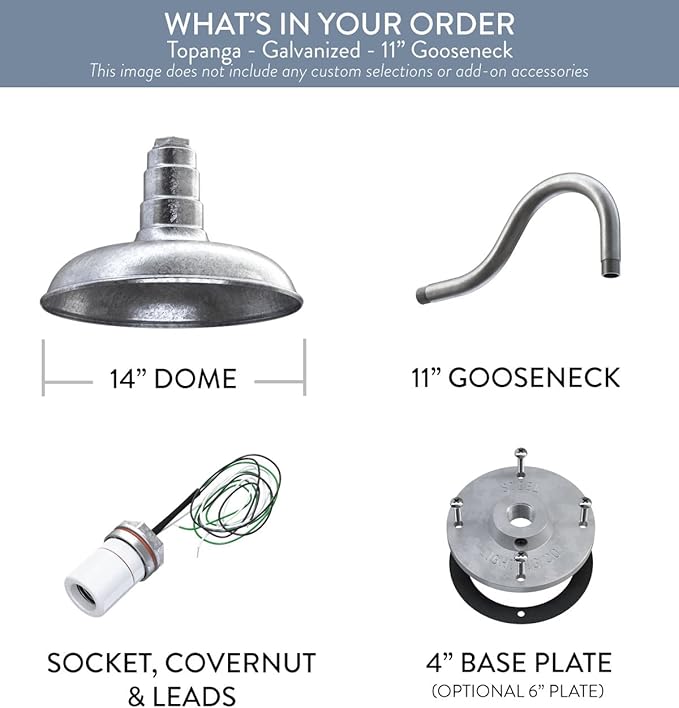 Steel Lighting Co. Topanga Barn Light | Outdoor Wall Mounted | Farmhouse Garage Light Made in America | 14 inch Dome | 11 inch Gooseneck | Galvanized Exterior/Galvanized Interior