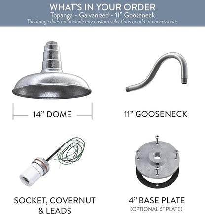 Steel Lighting Co. Topanga Barn Light | Outdoor Wall Mounted | Farmhouse Garage Light Made in America | 14 inch Dome | 11 inch Gooseneck | Galvanized Exterior/Galvanized Interior