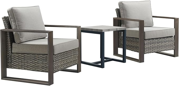3 Piece Wicker Patio Furniture Set,Patio Bistro Set with 2 Rattan Armrest Chairs and 1 Side Table,Sturdy Frame,All-Weather PE Wicker,Wide Armrest,Deep Seating and Thick Cushions(Mixed Grey/Grey)