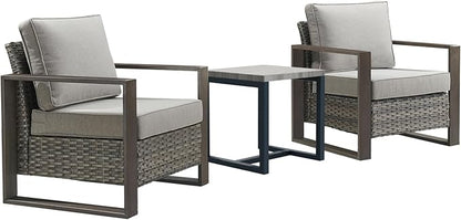 3 Piece Wicker Patio Furniture Set,Patio Bistro Set with 2 Rattan Armrest Chairs and 1 Side Table,Sturdy Frame,All-Weather PE Wicker,Wide Armrest,Deep Seating and Thick Cushions(Mixed Grey/Grey)