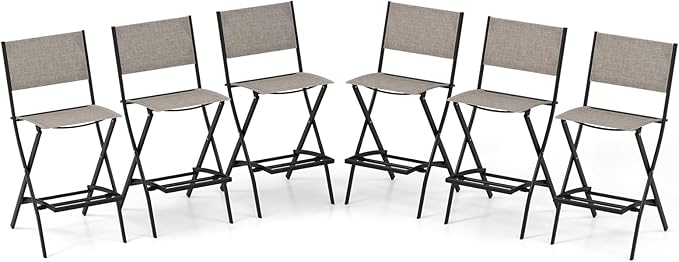 COSTWAY Outdoor Patio Bar Chair Set of 6, Folding Bar Height Stool with Metal Frame & Footrest, Patio Bar Stool for Balcony, Garden & Poolside (6, Coffee)