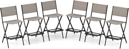 COSTWAY Outdoor Patio Bar Chair Set of 6, Folding Bar Height Stool with Metal Frame & Footrest, Patio Bar Stool for Balcony, Garden & Poolside (6, Coffee)