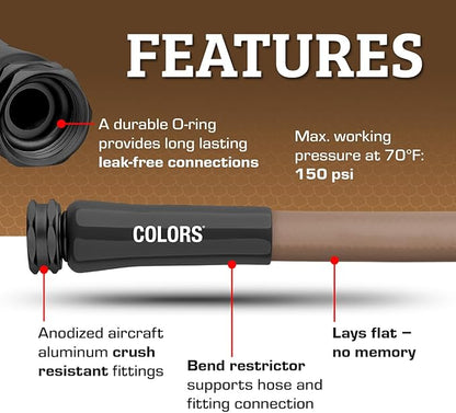 Flexzilla Colors Garden Hose 5/8 in. x 50 ft., Lightweight All-Weather Water Hose, Durable and Flexible, Leak-Free Connections, Brown Mulch