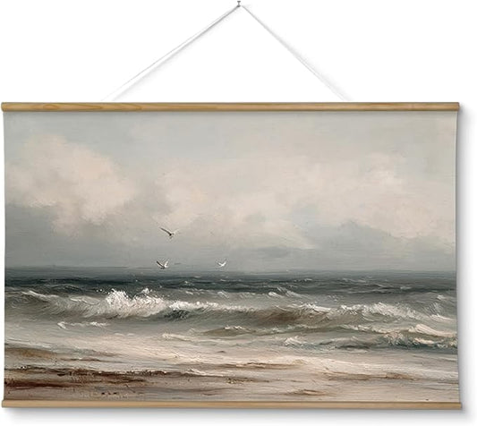 ARPEOTCY Extra Large Vintage Framed Wall Art, 36x54 Inch Coastal Ocean Gulls and the Sea Hanging Canvas Prints Scroll Wall Art Decor for Living Room Bedroom, Retro Scenery Pictures Above of Bed