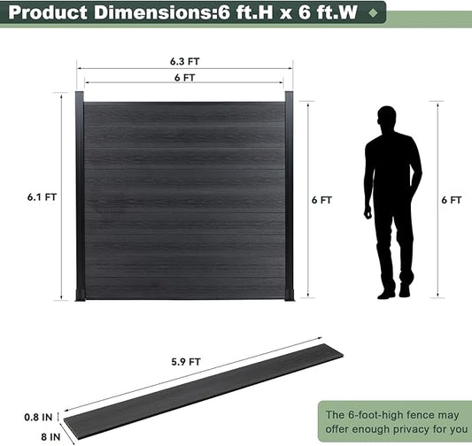 Mondaria Privacy Fence Panels for Outside,6ft(W) x 6ft(H) Outdoor Privacy Panels with 2 Posts,Wind Resistant Wood Plastic Composite Fencing Panels for Patio,Backyard,Garden and Swimming Pool(Black)