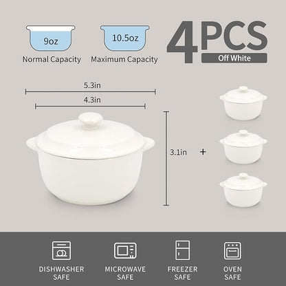 4-Pack Ceramic Mini Cocotte Set, 10 Oz Stoneware Casserole Dishes with Handles & Lids, Oven-Safe Ramekins for Soufflé, Soup, Cobbler & Baking, Individual Serving Bakeware, Off White