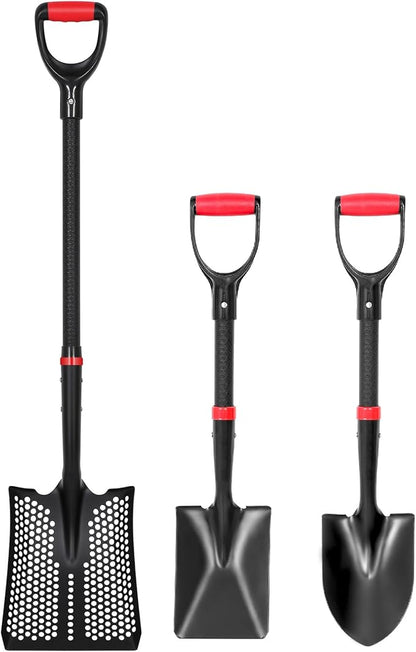 SHARK ATTACK 3-Piece Steel Shovel Set with D-Grip Handles-45'' Sifting Shovel, 28'' Spade with Powder Coating for Beach, Soil Chicken Coop, Farm Goat Stall Sand Poop Cleaning, Planting, Car Emergency