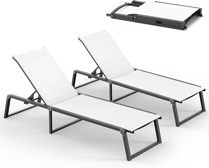 Aluminum Chaise Lounge Chair Outdoor, Foldable& No Assembly Patio Pool Lounge Chairs 5-Position Recliner for Outside, Fully Grounded Legs Sun Lounger for Poolside, Bright White, 2 Pack