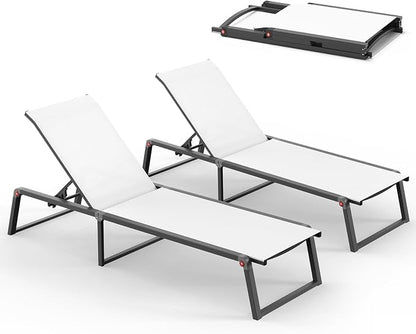 Aluminum Chaise Lounge Chair Outdoor, Foldable& No Assembly Patio Pool Lounge Chairs 5-Position Recliner for Outside, Fully Grounded Legs Sun Lounger for Poolside, Bright White, 2 Pack