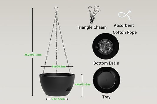 Hanging Planters 3-Pack, 8 Inch Self-Watering Hanging Pots with Drainage Hole and Chains, Plastic Planters for Indoor Outdoor（Black）