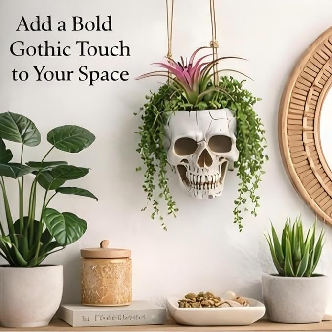 Resin Air Plant Holders,Tilandsia Container,Gothic Skeleton Planter,Halloween Plant Pot,Tillandsia Pot, Skull Table Top Display Planters for Air Plants and Other Mini Plants (White No.1, 7*5*3.2'')