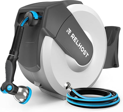 Relhost Retractable Garden Hose Reel, 5/8 in x 65 ft Wall Mount Heavy Duty Hose Reel with Any-Length Lock, Auto Rewind System, 180° Swivel Bracket, and 10-Pattern Nozzle for Garden, White & Grey