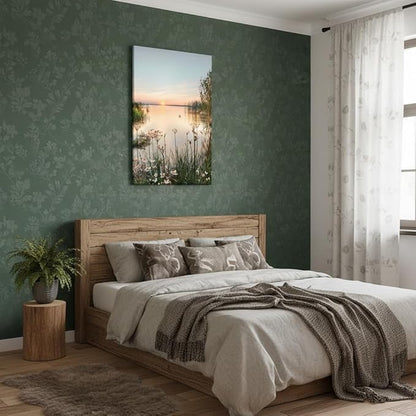 Lake Canvas Wall Art Picture: Sunset Landscape Painting Print Artwork Vertical Nature Scenery Decor for Living Room Bedroom