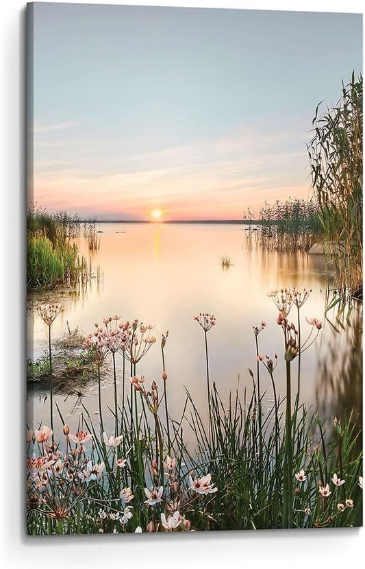 Lake Canvas Wall Art Picture: Sunset Landscape Painting Print Artwork Vertical Nature Scenery Decor for Living Room Bedroom