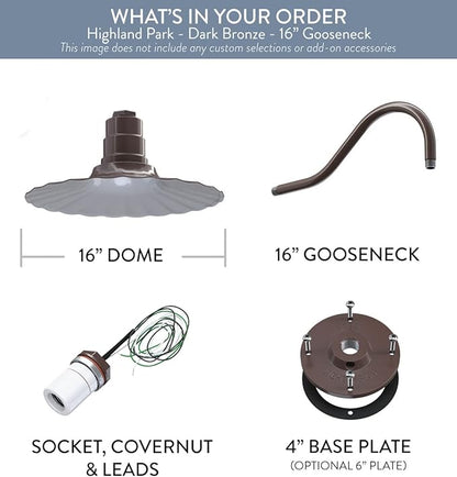 Steel Lighting Co. Highland Park Barn Light | Outdoor Wall Mounted | 16 inch Radial Wave | 16 inch Gooseneck | Vintage Style Made in America | Dark Bronze Exterior/White Interior