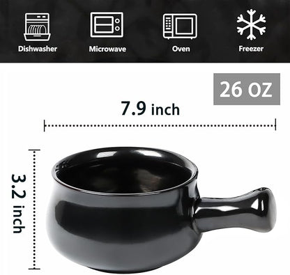vicrays French Onion Soup Bowls With Handles, 26 Ounce for Soup, Chili, Beef Stew, Chip Resistant, Dishwasher Microwave Safe, Set of 4 (Black)