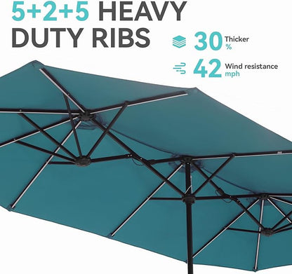 GREEN PARTY 13 ft Rectangle Patio Umbrella with Solar Lights, Double-Sided Market Table Umbrella with Crank, Large Outdoor Umbrellas for Patio Poolside Garden Backyard, Cerulean