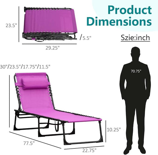 Outdoor Sun Tanning Chair Folding, Heavy Duty Adjustable 4-Position Folding Laying Out Chairs for Tanning, Beach Lounge Chairs for Adults for Sunbathing Patio Pool Lawn (Purple)