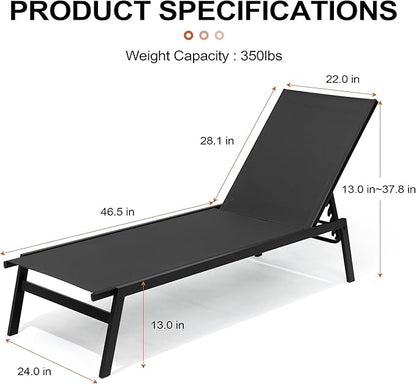 Crestlive Products Stackable Chaise Lounge Chair Outdoor Set of 2, Adjustable 5 Positions Pool Tanning Recliner,Outdoor Lounge Furniture Perfect for Patio, Beach, Yard, Pool