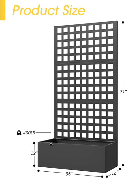Metal Planter Box with Trellis, 71"x 35"x 16" Raised Garden Bed with Trellis, Planter Box Trellis with Privacy Screen and Drainage Holes, Black