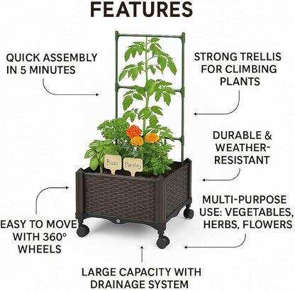 Sherbo Raised Garden Bed Planter Box on Wheels with Trellis, Rattan Style Raised Planter for Outdoor Plants, Compact Mobile Planter Box for Patio or Balcony
