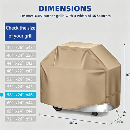 BBQ Gas Grill Cover for Outdoor, Anti-UV, Rip-Proof, 600D Oxford Fade Resistant Material, Barbecue Cover with Hook and Loop Straps & Adjustable Hem Drawstring (Beige, 58”x24”x46”)