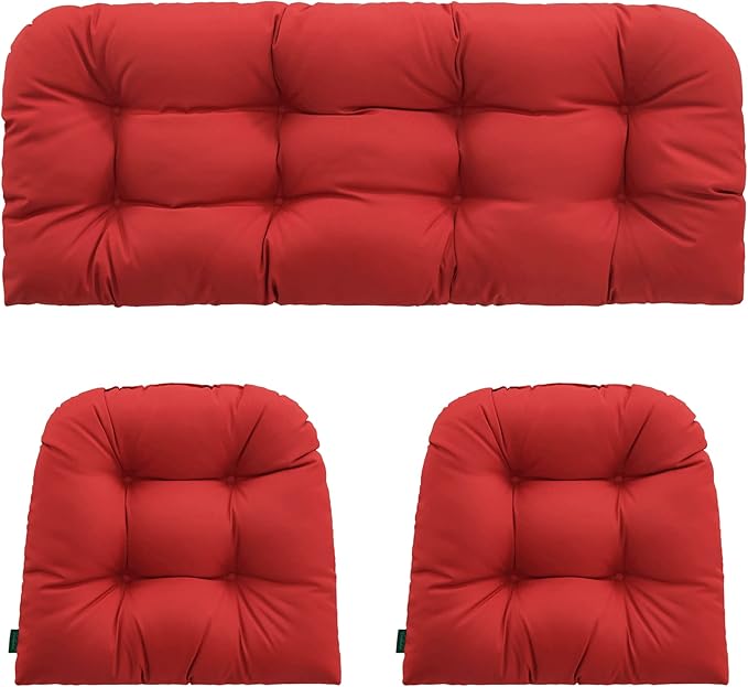 Outdoor/Indoor All Weather Tufted Wicker Chair Cushions of 3 Pieces, 1 Loveseat and 2 U-Shape Waterproof Cushions for Patio Furniture,Wicker Loveseat,Bench-Red