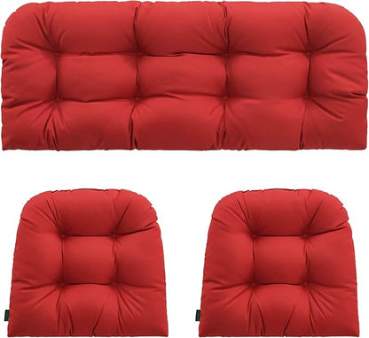 Outdoor/Indoor All Weather Tufted Wicker Chair Cushions of 3 Pieces, 1 Loveseat and 2 U-Shape Waterproof Cushions for Patio Furniture,Wicker Loveseat,Bench-Red