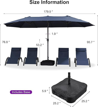 PURPLE LEAF 15ft Patio Market Umbrella with Base Double-Sided Rectangle Outdoor Table Sun Umbrellas with Crank 12 Heavy Duty Sturdy Ribs for Pool Beach Deck Backyard Navy Blue