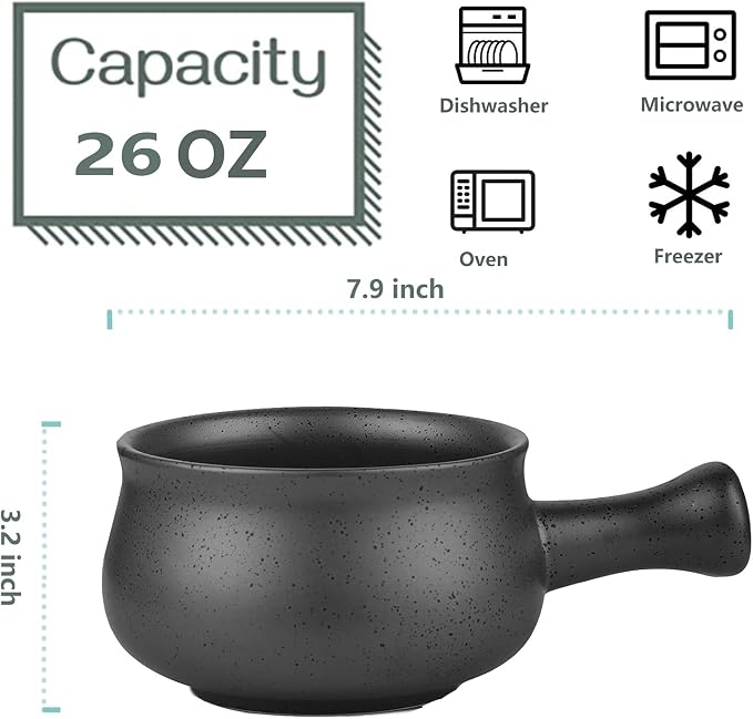 vicrays French Onion Soup Bowls With Handles, 26 Ounce for Soup, Chili, Beef Stew, Chip Resistant, Dishwasher Microwave Safe, Set of 4 (Gray)