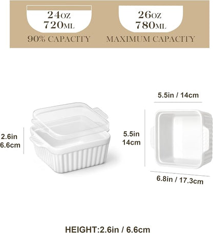 MALACASA Baking Dishes for Oven, Small Ceramic Baking Dishes with Silicone Lids for Individual Portions 5.5" x 5.5" Square Casserole Dishes Set of 2 Oven Microwave, and Air Fryer Safe, White