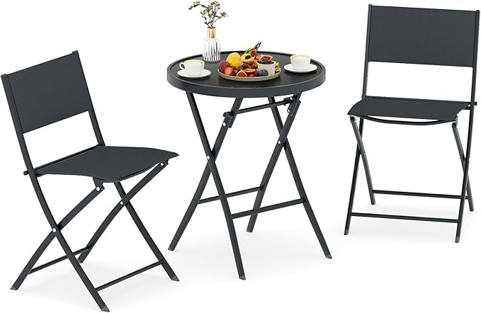 Tangkula 3 Piece Folding Bistro Set, Patio Dining Furniture with Breathable Fabric Seat & Tempered Glass Tabletop, Outdoor Metal Frame Table & Chairs Set for Backyard, Garden, Balcony