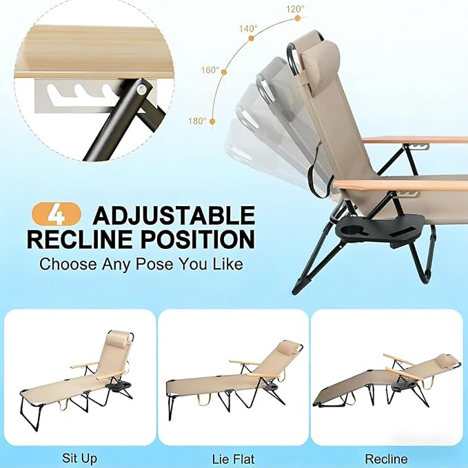 Folding Chaise Lounge Chair Outdoor, Folding Sun Lounger with 4-Position Reclining Back, Foldable Tanning Chair with Adjustable Headrest, Beach Lounge Chair for Poolside Backyard Camping (Beige)