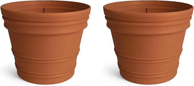 Bloem Rolled Rim 22" Round Planter Pot - Terra Cotta Resin Indoor or Outdoor Gardening Planter with Knockout Drainage, 2-Pack