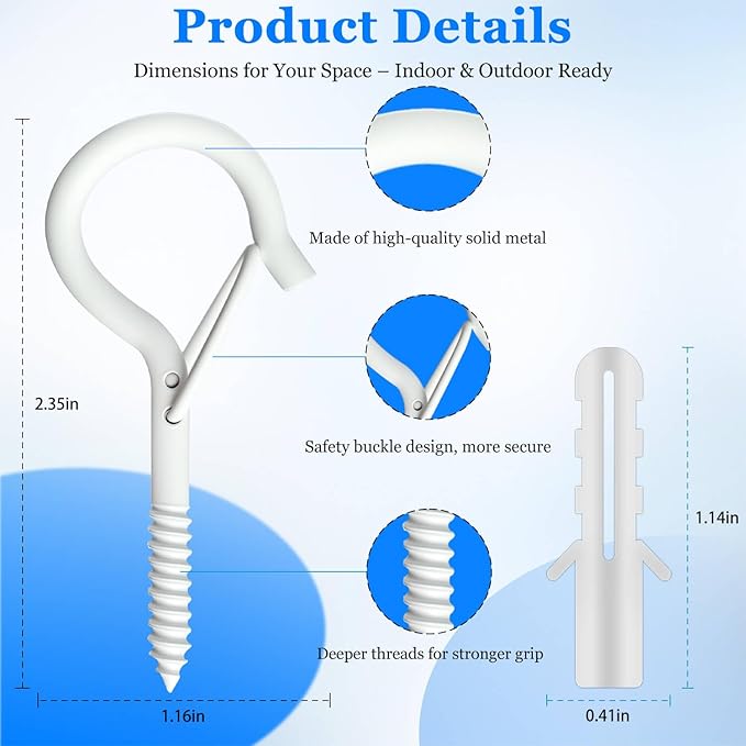 12 Pack Black Screw Hooks with Safety Buckle - 2.3 Inch Rustproof Eye Ceiling Hooks for Hanging Plants,Outdoor String Lights,Baskets,Christmas Lights & Decor,40lb Capacity (12, White)