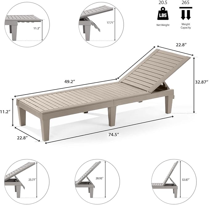 Nestl Sun Tanning Chair - Sand Beige Chaise Lounge Chair Outdoor, Lightweight Pool Lounge Chairs Set of 2, Adjustable 5-Position Reclining Lawn Chair, Waterproof Beach Outdoor Lounge Chairs