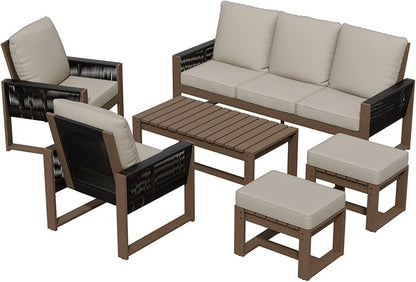 Rustic Hideaway Natural Cedar Wood Outdoor Furniture Set, Wicker Patio Conversation Set for Porch Garden Backyard, Couch, 2 Patio Chairs, Table and 2 Ottomans, 6 Piece, Brownish/Beige