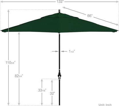California Umbrella 11Ft Premium Patio Umbrella, Hand-Crank, Tilt-Collar, Bronze Frame, Solution Dyed Hunter Green Fabric