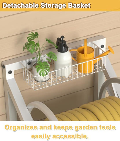 Artigarden Triangle Wall Mounted Garden Hose Reel, Outdoor Heavy-Duty Water Hoses Holder Winder, Holds 125 Ft of 5/8-Inch Hose, with 3.9 ft Leader Hose, Brass Fitting, Storage Basket for Yard, White