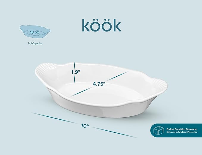 Au Gratin Baking Dishes, Ceramic, by Kook, for Casseroles, Lasagna & Cobblers, Individual Serving, Set of 2, Oven, Microwave & Dishwasher Safe Bakeware, 18 oz, Ivory