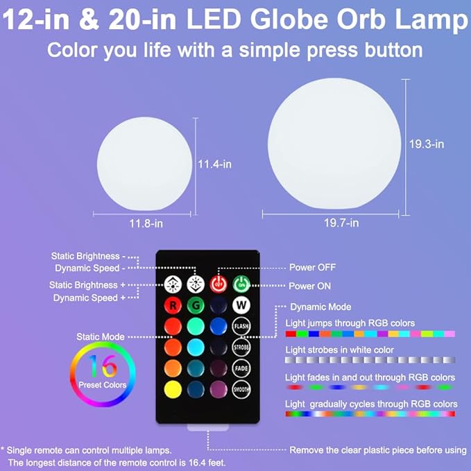 12-in & 20-in LED Globe Orb Lamp, Dimmable RGB Color Changing Glowing Orb Lights Rechargeable Glowing LED Ball Light w/Remote, Waterproof Outdoor Globe Light Soothing Mood Lamp for Home Garden