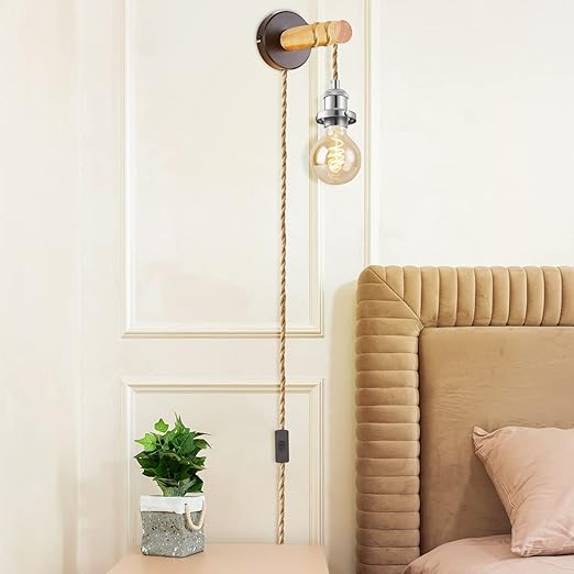 15.4ft Pendant Light Cord Kit, Industrial Vintage Plug in E26 Socket Hanging Light with Switch, Hemp Rope Hanging Light Fixture for Pendant Lamp Farmhouse Lamp Cable DIY