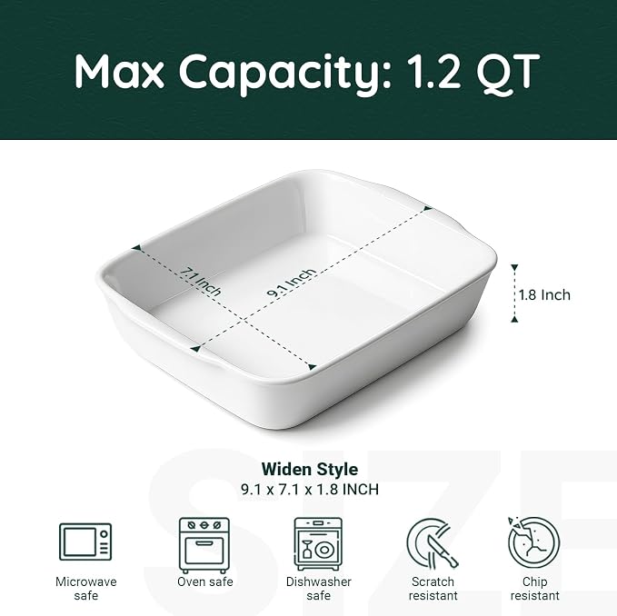 HOMBENE 1.2 QT Ceramic Baking Dish, White Casserole Dish,Lasagna Pan for Oven, Bakeware for Baking, Kitchen Decor, Microwave Oven Safe, Dinner Party (7.1" x 9.1")