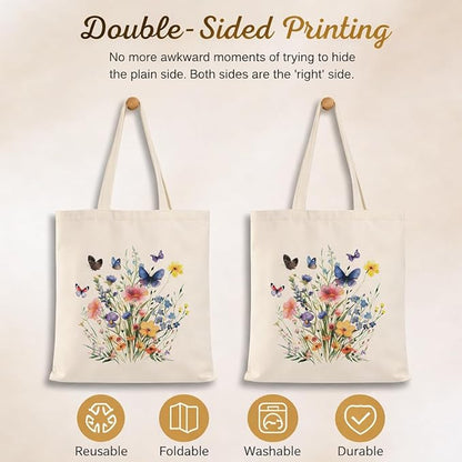 Floral Canvas Tote, Women Weekend Bags, Reusable Grocery Canvas Bag, Large Two Sided Printing Tote Bags