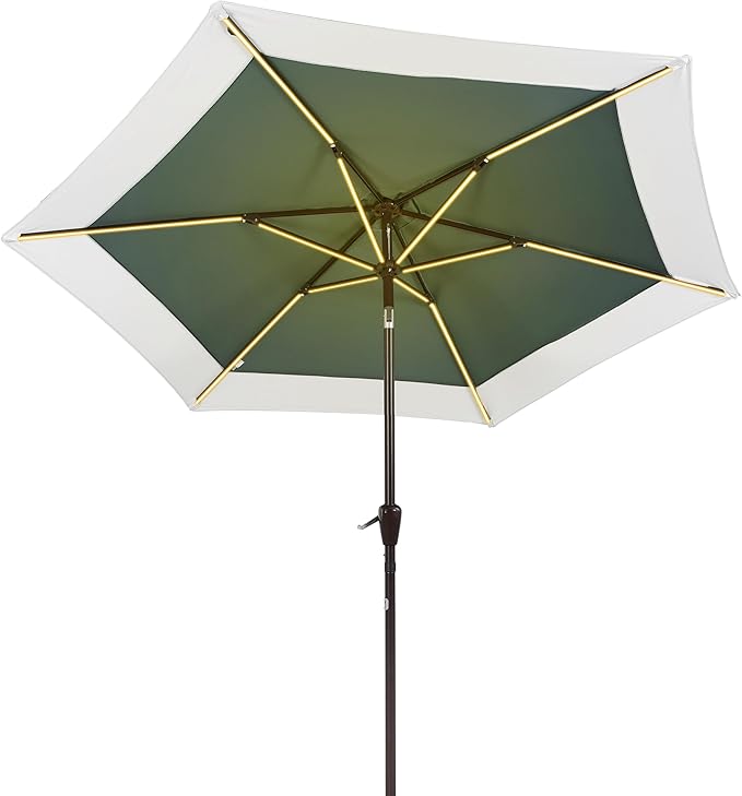 JONATHAN Y UMB1100E Spencer 9 ft. Classic Coastal 2-Tone Solar LED Market Patio Umbrella with 12 LED Strip Lights, Auto-Tilt, Crank Protection in Green/White