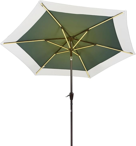 JONATHAN Y UMB1100E Spencer 9 ft. Classic Coastal 2-Tone Solar LED Market Patio Umbrella with 12 LED Strip Lights, Auto-Tilt, Crank Protection in Green/White