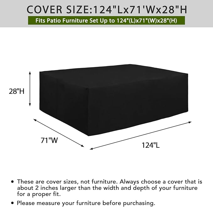 Easy-Going 600D Heavy Duty Patio Furniture Cover, Outdoor Rectangular Table and Chair Set Cover, Waterproof Outdoor Sectional Set Cover (124"L x 71"W x 28"H, Black)