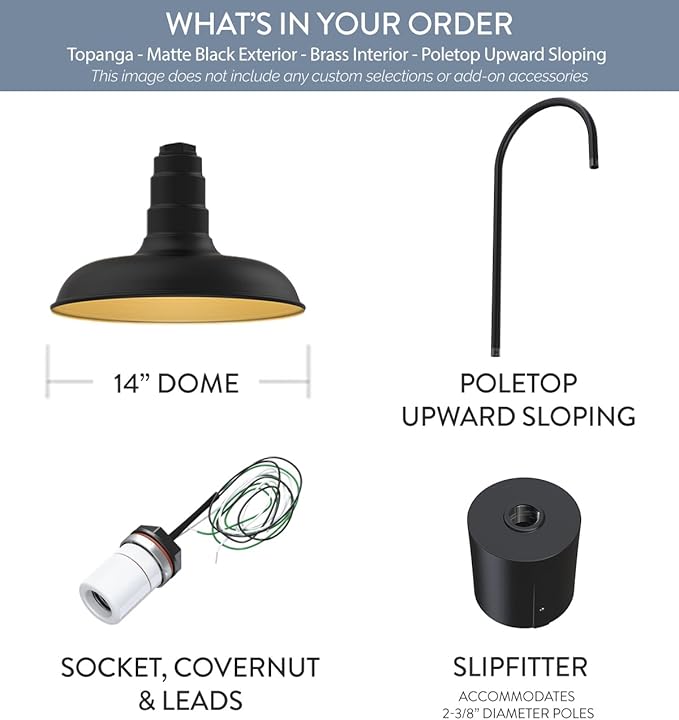 Steel Lighting Co. Topanga Barn Light | Outdoor Pole Top Mounted | 14" Dome | Upslope Gooseneck with Slip Fitter for 2-3/8" Standard Poles | Made in America | Matte Black Exterior/Brass Interior