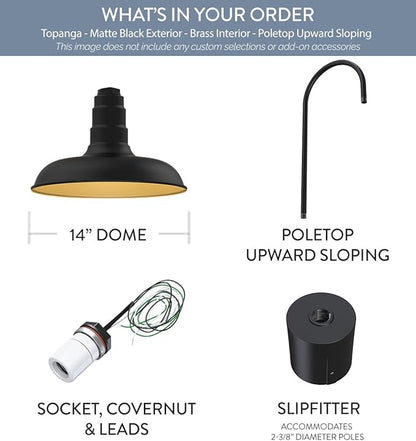 Steel Lighting Co. Topanga Barn Light | Outdoor Pole Top Mounted | 14" Dome | Upslope Gooseneck with Slip Fitter for 2-3/8" Standard Poles | Made in America | Matte Black Exterior/Brass Interior